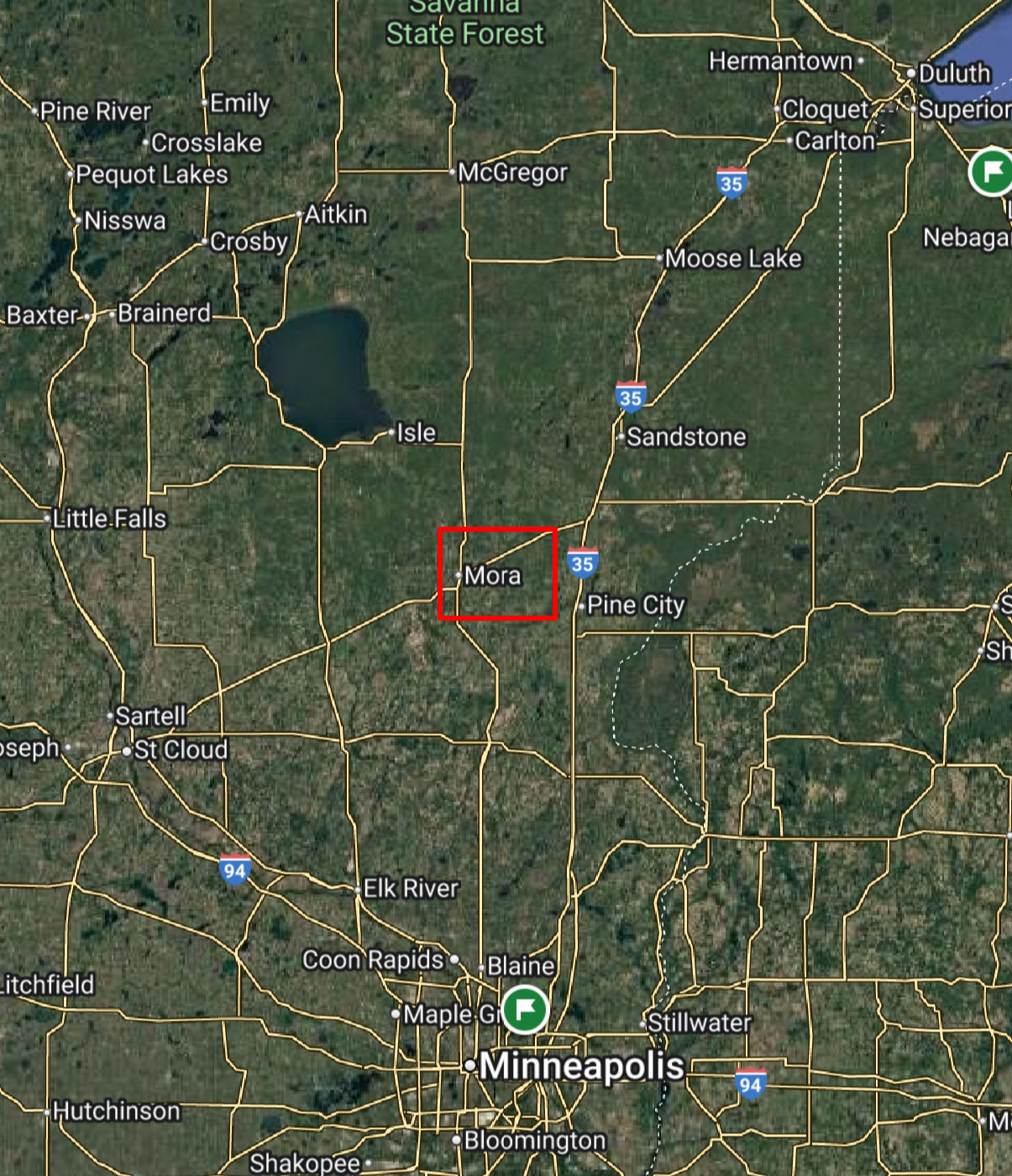 Area map showing Mora's location in Minnesota